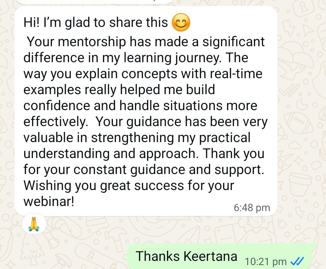 WhatsApp message from Keertana Pratap about mentorship building her confidence