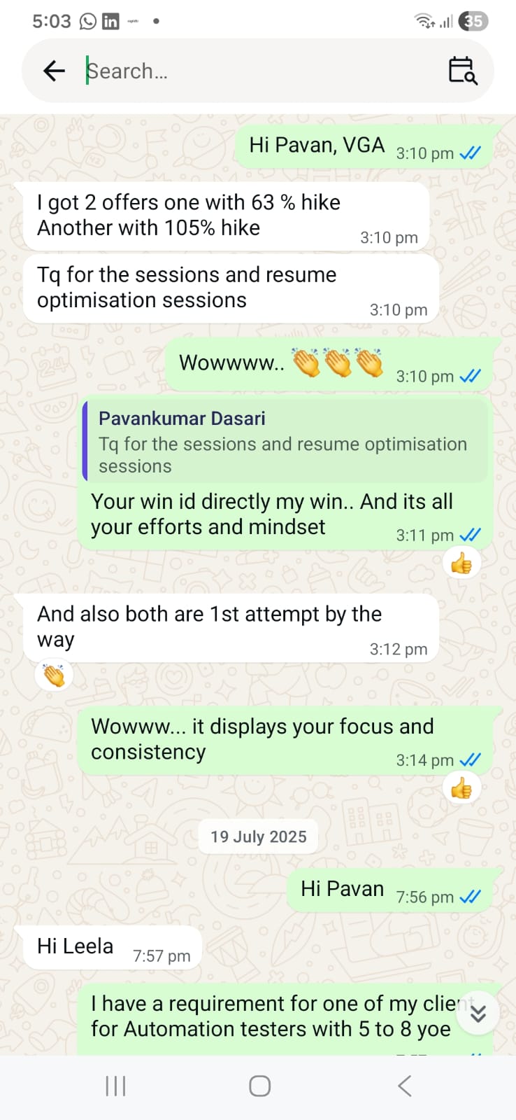 WhatsApp message from Pavankumar Dasari sharing two job offers after mentorship and resume optimisation