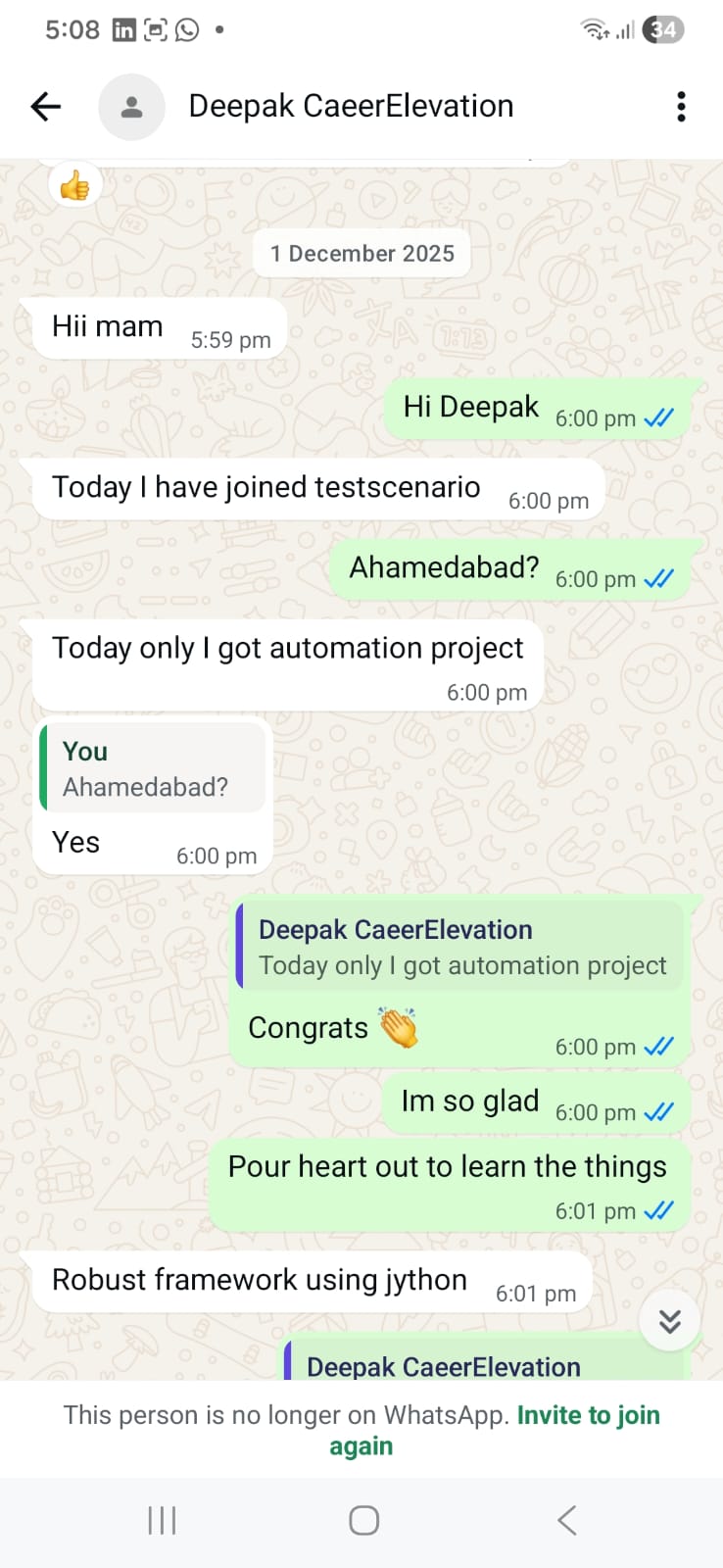 WhatsApp chat with Deepak sharing that he moved into an automation project